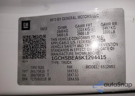 2019 Chevrolet Colorado Wt z USA, uszkodzony, nr VIN 1GCHSBEA6K1294415